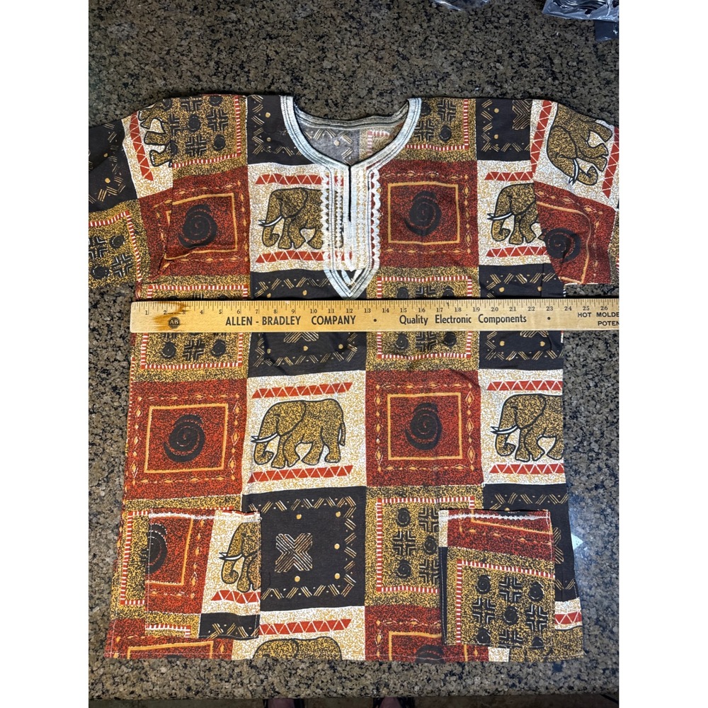 Vintage African Dashiki Shirt Elephant Patchwork Print Tribal Boho Top XL